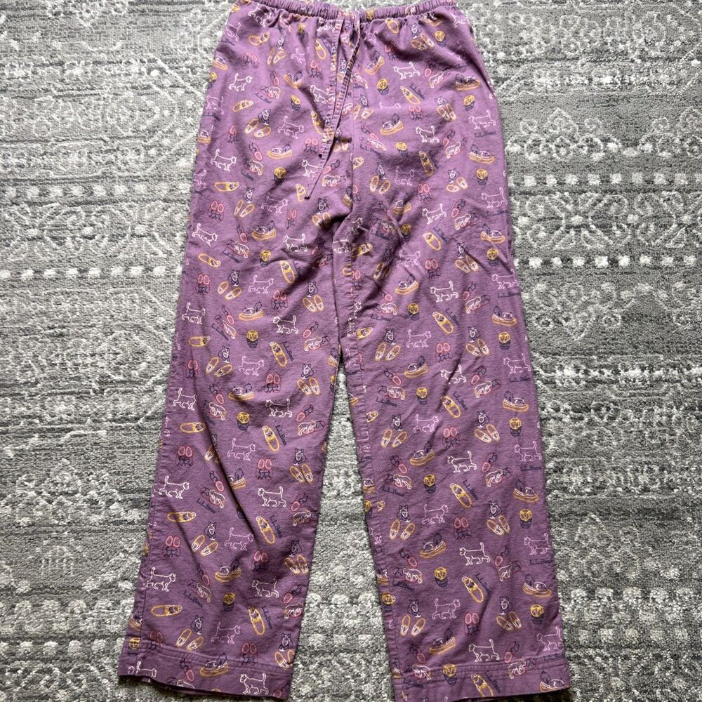 LL Bean Cat Print Pajama Pants Women's Small Purple Drawstring Flannel Cozy
